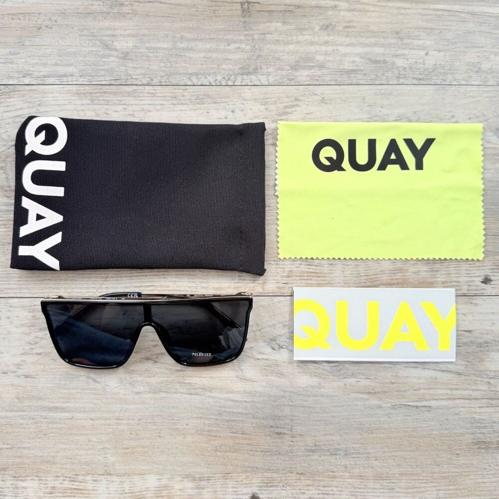 QUAY Nightfall Remixed Black Oversized Shield Sunglasses Black Polarized Lens